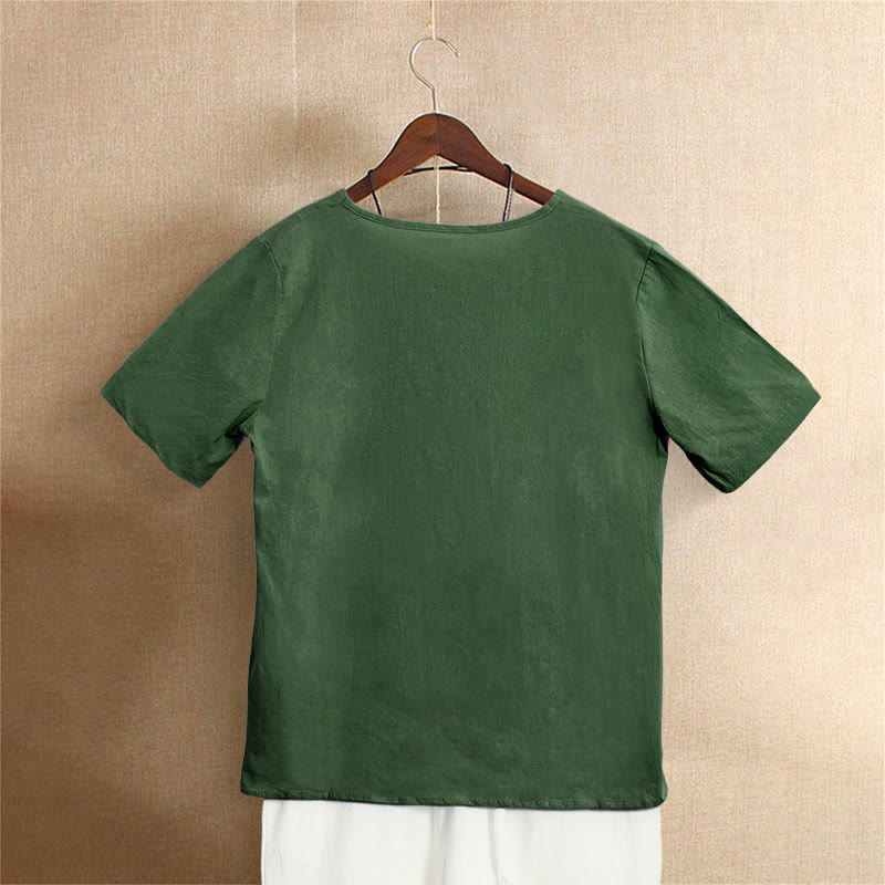 T-shirt décontracté à manches courtes et col rond pour femme, en coton, avec boutons en jacquard et Buddha Stones , couleur unie, été