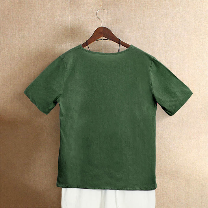 T-shirt décontracté à manches courtes et col rond pour femme, en coton, avec boutons en jacquard et Buddha Stones , couleur unie, été