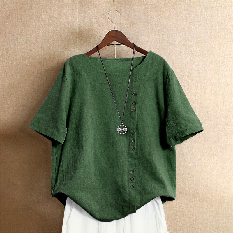 T-shirt décontracté à manches courtes et col rond pour femme, en coton, avec boutons en jacquard et Buddha Stones , couleur unie, été
