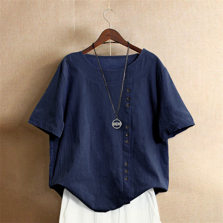 T-shirt décontracté à manches courtes et col rond pour femme, en coton, avec boutons en jacquard et Buddha Stones , couleur unie, été