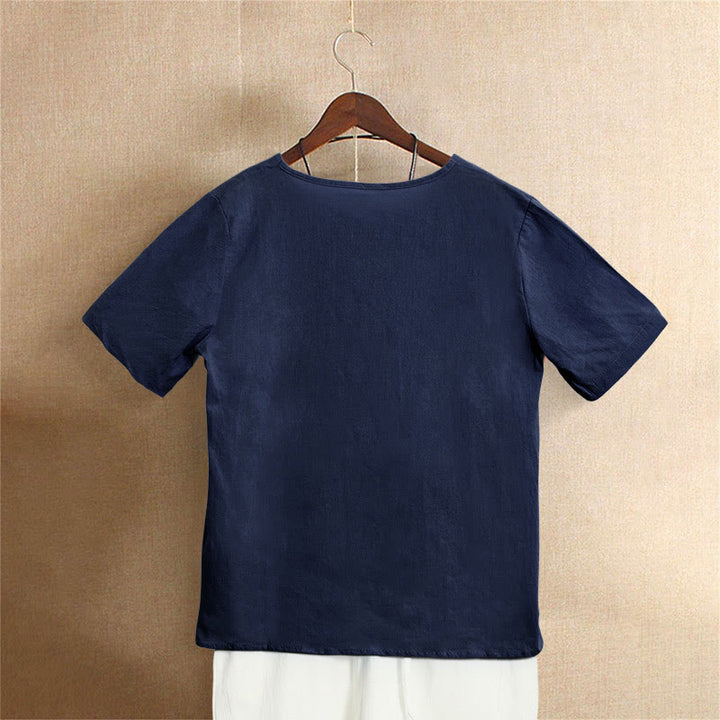 T-shirt décontracté à manches courtes et col rond pour femme, en coton, avec boutons en jacquard et Buddha Stones , couleur unie, été