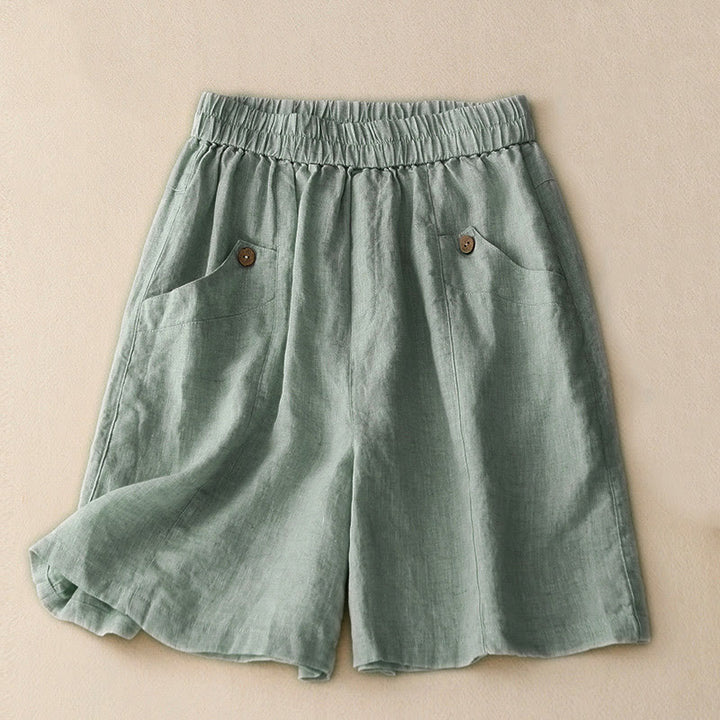 Short d'été décontracté en coton uni avec poches et boutons Buddha Stones pour femme