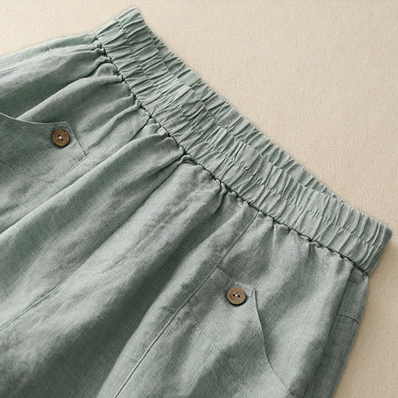 Short d'été décontracté en coton uni avec poches et boutons Buddha Stones pour femme