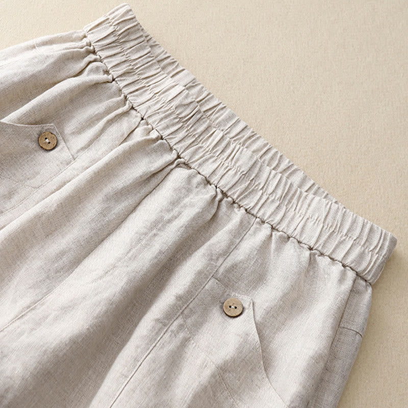 Short d'été décontracté en coton uni avec poches et boutons Buddha Stones pour femme