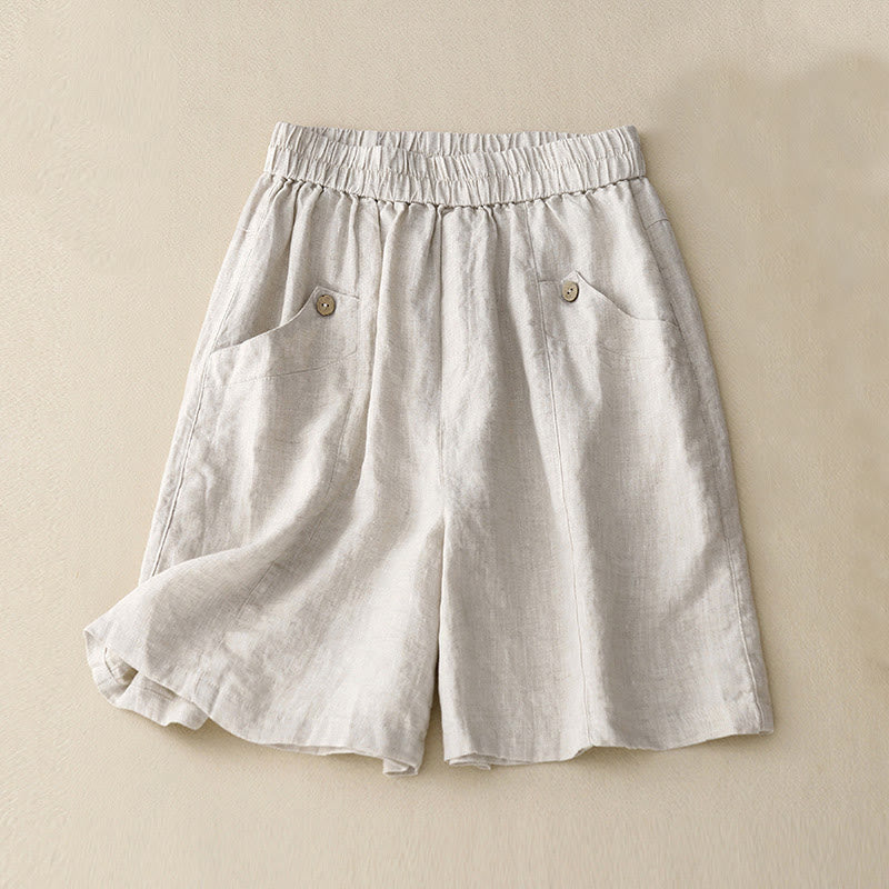 Short d'été décontracté en coton uni avec poches et boutons Buddha Stones pour femme
