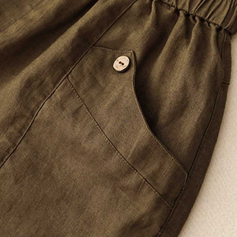 Short d'été décontracté en coton uni avec poches et boutons Buddha Stones pour femme