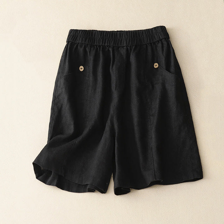 Short d'été décontracté en coton uni avec poches et boutons Buddha Stones pour femme