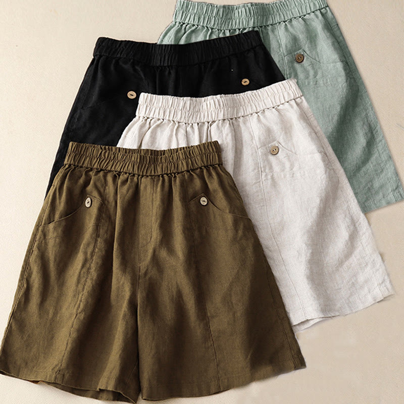Short d'été décontracté en coton uni avec poches et boutons Buddha Stones pour femme