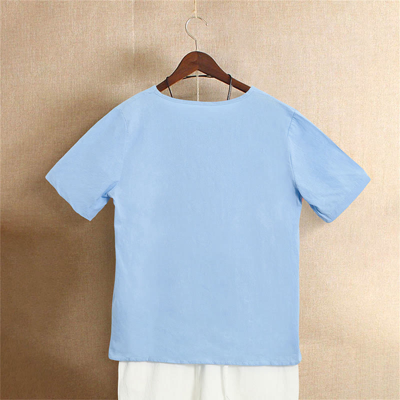T-shirt décontracté à manches courtes et col rond pour femme, en coton, avec boutons en jacquard et Buddha Stones , couleur unie, été