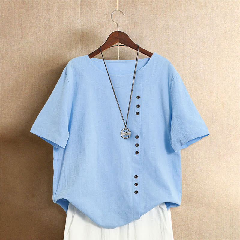 T-shirt décontracté à manches courtes et col rond pour femme, en coton, avec boutons en jacquard et Buddha Stones , couleur unie, été