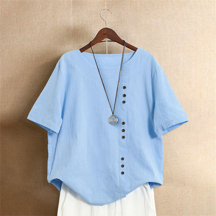 T-shirt décontracté à manches courtes et col rond pour femme, en coton, avec boutons en jacquard et Buddha Stones , couleur unie, été