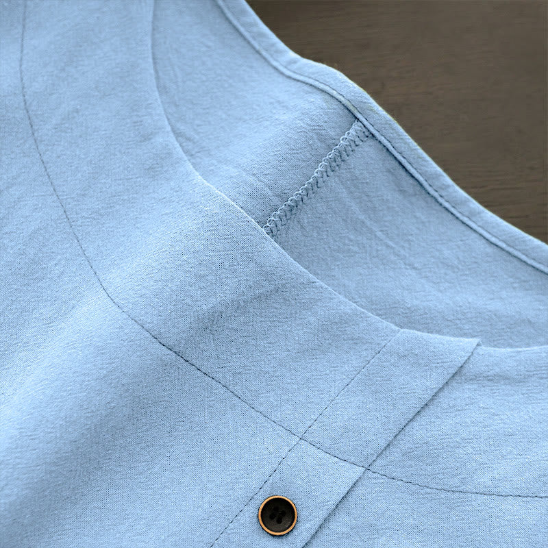 T-shirt décontracté à manches courtes et col rond pour femme, en coton, avec boutons en jacquard et Buddha Stones , couleur unie, été