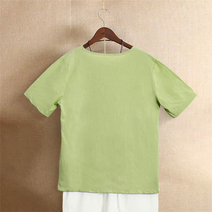 T-shirt décontracté à manches courtes et col rond pour femme, en coton, avec boutons en jacquard et Buddha Stones , couleur unie, été