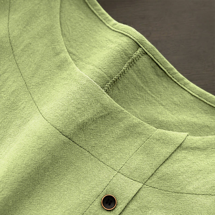T-shirt décontracté à manches courtes et col rond pour femme, en coton, avec boutons en jacquard et Buddha Stones , couleur unie, été