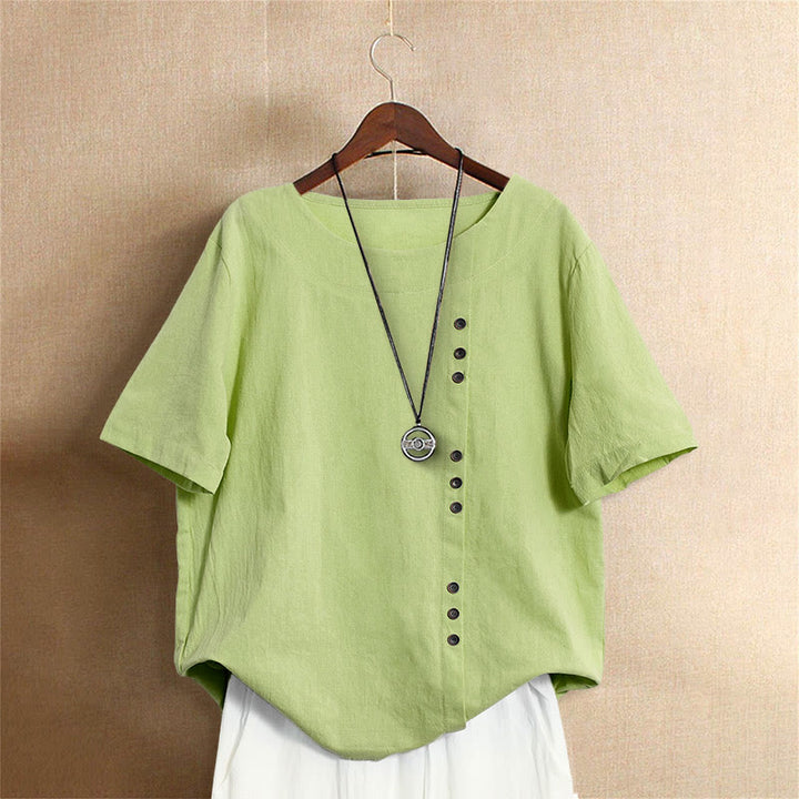 T-shirt décontracté à manches courtes et col rond pour femme, en coton, avec boutons en jacquard et Buddha Stones , couleur unie, été