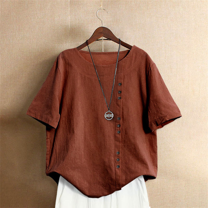 T-shirt décontracté à manches courtes et col rond pour femme, en coton, avec boutons en jacquard et Buddha Stones , couleur unie, été