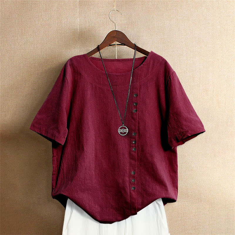 T-shirt décontracté à manches courtes et col rond pour femme, en coton, avec boutons en jacquard et Buddha Stones , couleur unie, été