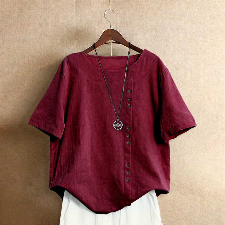 T-shirt décontracté à manches courtes et col rond pour femme, en coton, avec boutons en jacquard et Buddha Stones , couleur unie, été