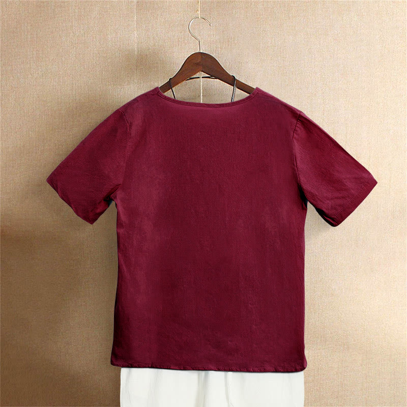 T-shirt décontracté à manches courtes et col rond pour femme, en coton, avec boutons en jacquard et Buddha Stones , couleur unie, été