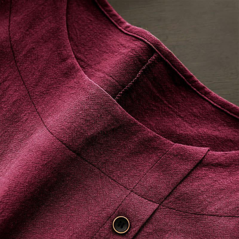 T-shirt décontracté à manches courtes et col rond pour femme, en coton, avec boutons en jacquard et Buddha Stones , couleur unie, été