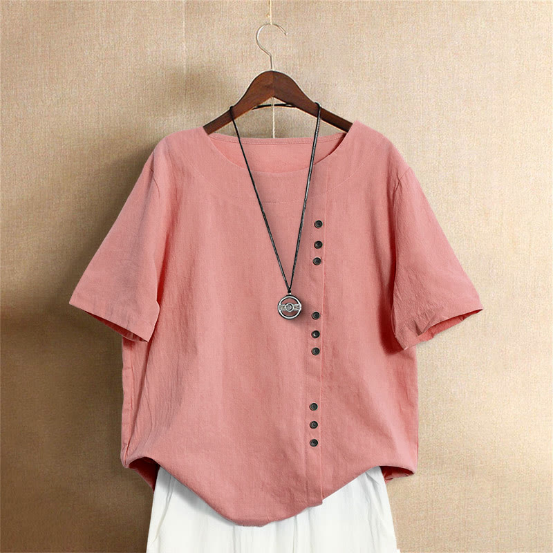 T-shirt décontracté à manches courtes et col rond pour femme, en coton, avec boutons en jacquard et Buddha Stones , couleur unie, été
