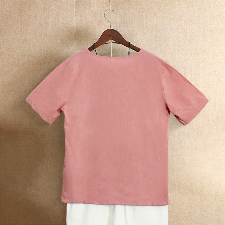 T-shirt décontracté à manches courtes et col rond pour femme, en coton, avec boutons en jacquard et Buddha Stones , couleur unie, été