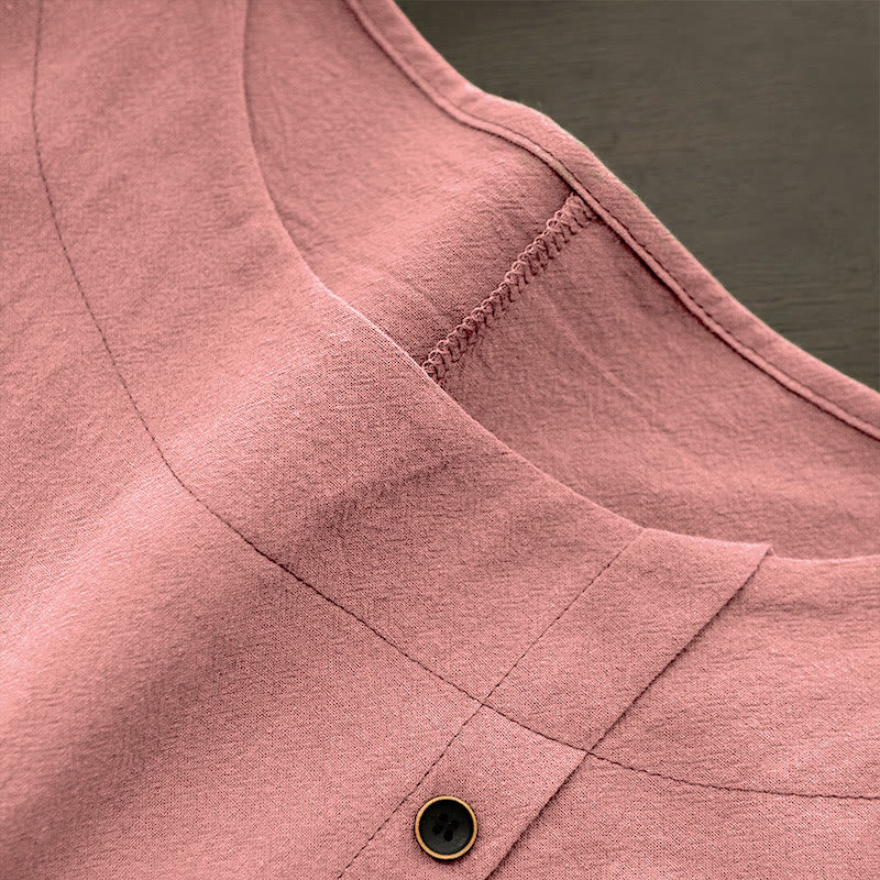 T-shirt décontracté à manches courtes et col rond pour femme, en coton, avec boutons en jacquard et Buddha Stones , couleur unie, été