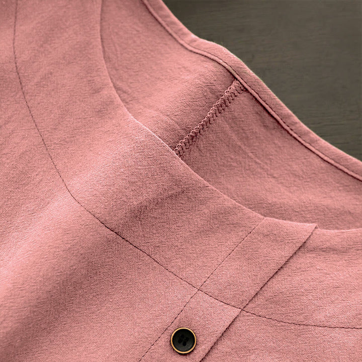 T-shirt décontracté à manches courtes et col rond pour femme, en coton, avec boutons en jacquard et Buddha Stones , couleur unie, été
