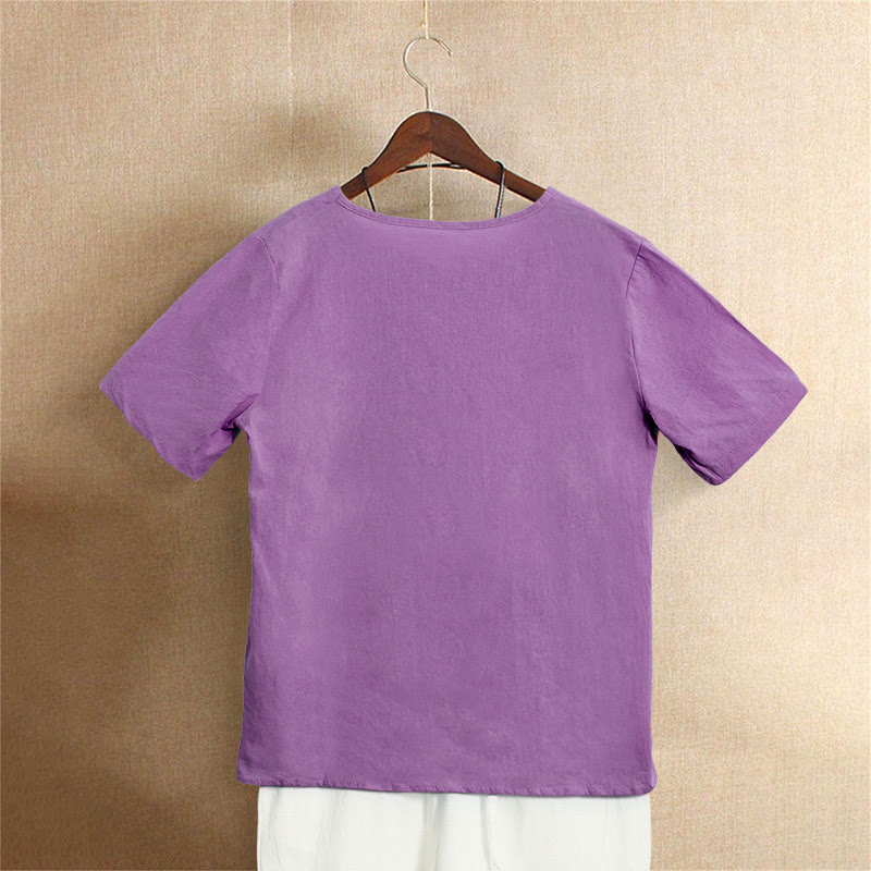 T-shirt décontracté à manches courtes et col rond pour femme, en coton, avec boutons en jacquard et Buddha Stones , couleur unie, été