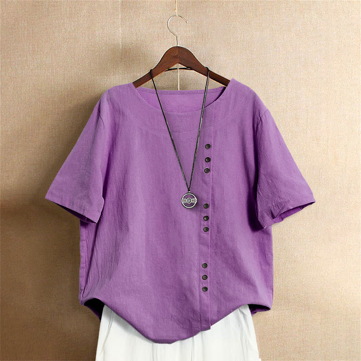 T-shirt décontracté à manches courtes et col rond pour femme, en coton, avec boutons en jacquard et Buddha Stones , couleur unie, été