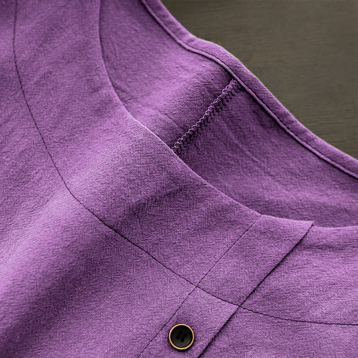 T-shirt décontracté à manches courtes et col rond pour femme, en coton, avec boutons en jacquard et Buddha Stones , couleur unie, été