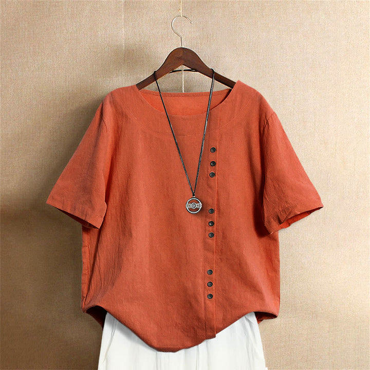 T-shirt décontracté à manches courtes et col rond pour femme, en coton, avec boutons en jacquard et Buddha Stones , couleur unie, été