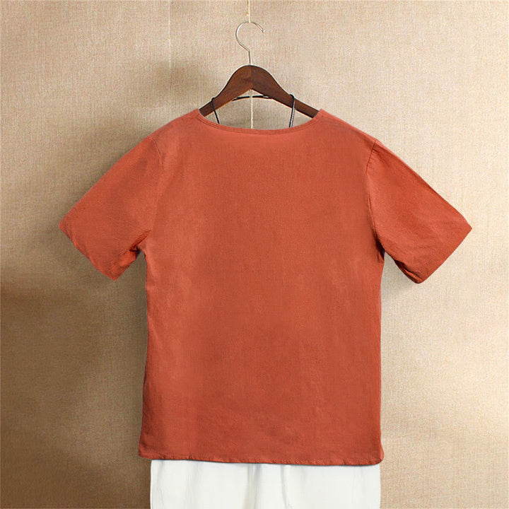T-shirt décontracté à manches courtes et col rond pour femme, en coton, avec boutons en jacquard et Buddha Stones , couleur unie, été