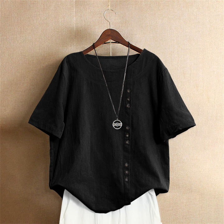 T-shirt à manches courtes pour femme, style décontracté d'été, couleur unie, jacquard, col rond, boutons, Buddha Stones - Noir - US18，UK/AU22，EU50 (5XL) - image 50