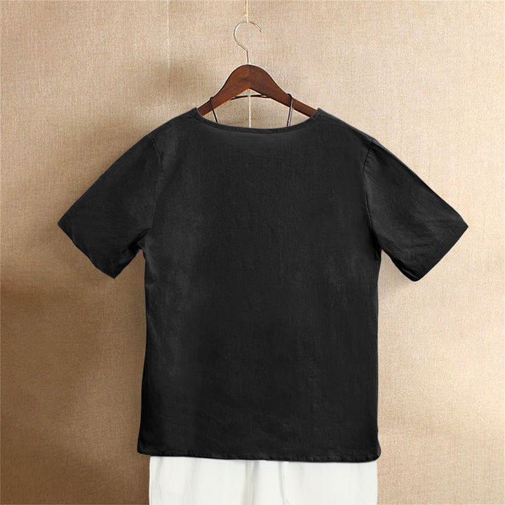 T-shirt décontracté à manches courtes et col rond pour femme, en coton, avec boutons en jacquard et Buddha Stones , couleur unie, été