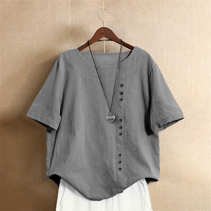 T-shirt décontracté à manches courtes et col rond pour femme, en coton, avec boutons en jacquard et Buddha Stones , couleur unie, été