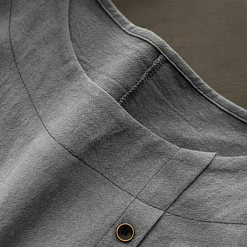 T-shirt à manches courtes pour femme, style décontracté d'été, couleur unie, jacquard, col rond, boutons, Buddha Stones - image 57