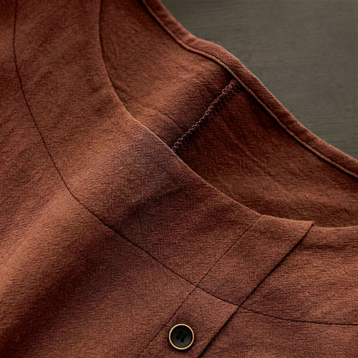T-shirt décontracté à manches courtes et col rond pour femme, en coton, avec boutons en jacquard et Buddha Stones , couleur unie, été