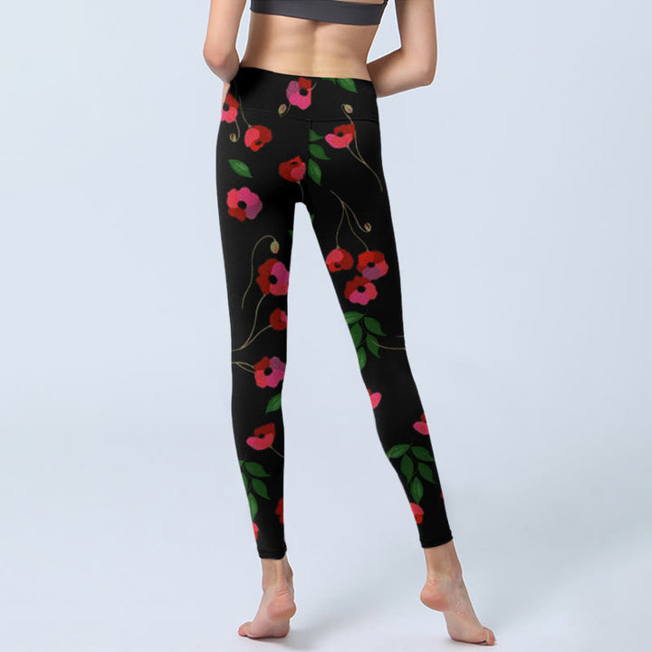 Leggings de sport à imprimé Buddha Stones , fleurs rouges vibrantes et feuilles vertes, pantalons de yoga pour femmes - image 7