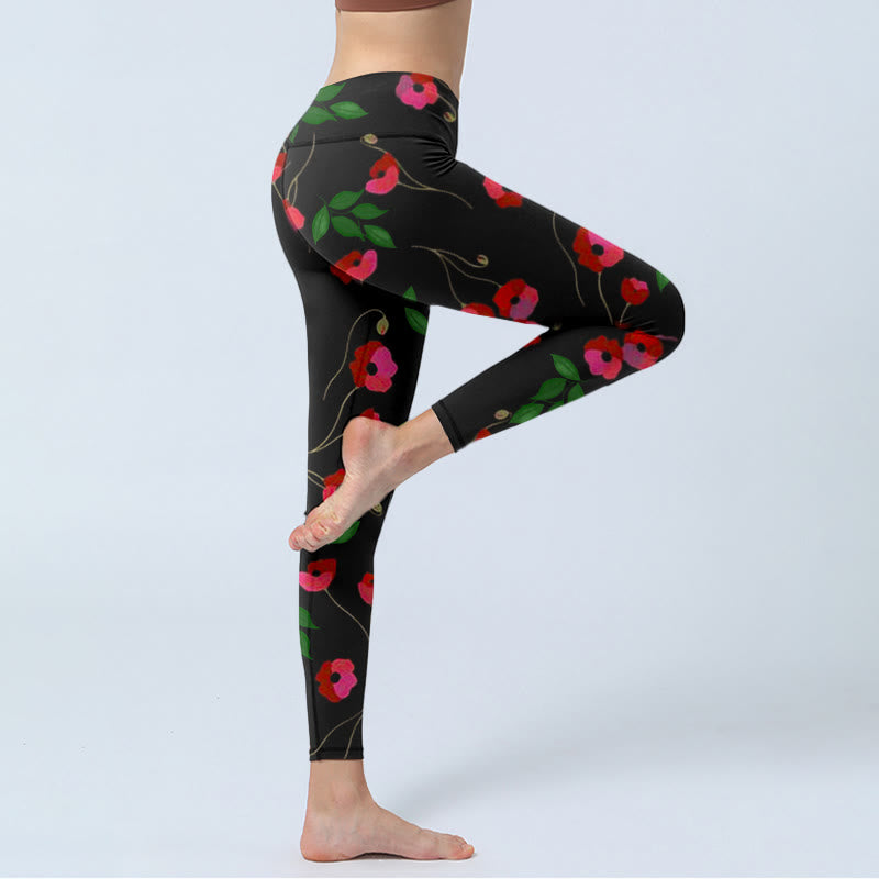 Leggings de sport à imprimé Buddha Stones , fleurs rouges vibrantes et feuilles vertes, pantalons de yoga pour femmes - image 3