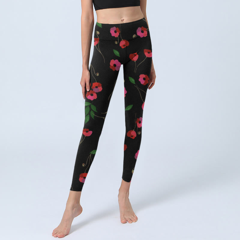 Leggings de sport à imprimé Buddha Stones , fleurs rouges vibrantes et feuilles vertes, pantalons de yoga pour femmes - image 5