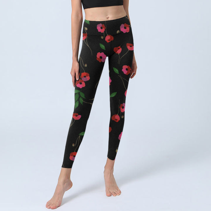 Leggings de sport à imprimé Buddha Stones , fleurs rouges vibrantes et feuilles vertes, pantalons de yoga pour femmes - image 5