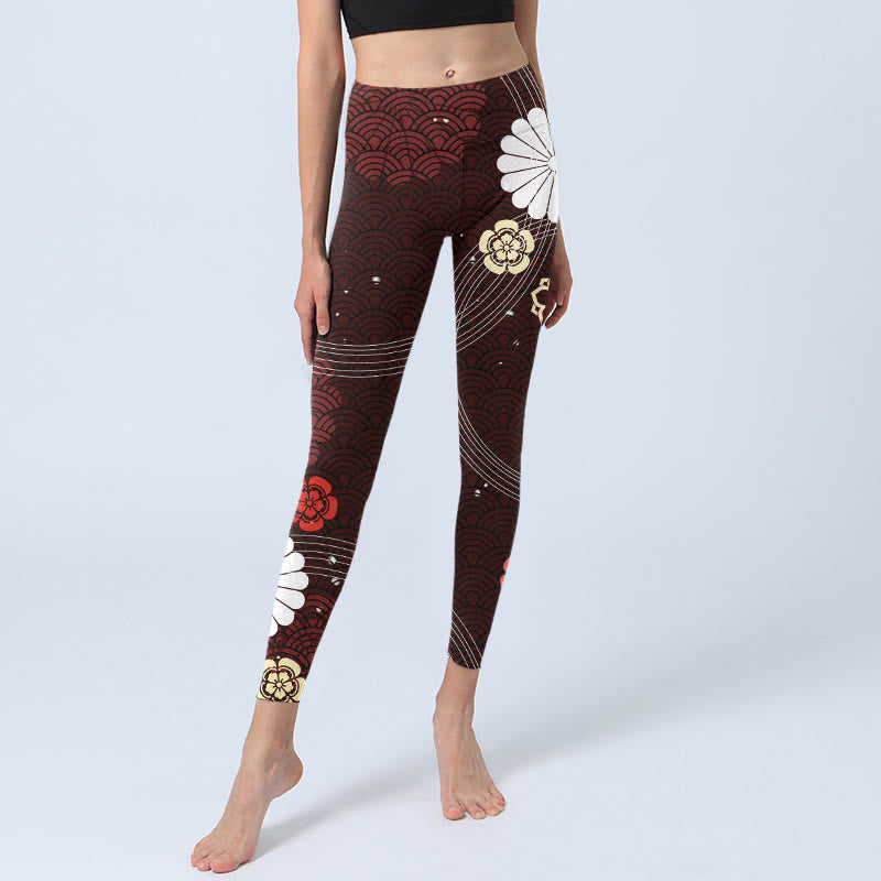 Leggings de sport à imprimé floral en éventail et vagues marron rougeâtre Buddha Stones pour femmes, pantalons de yoga - image 6