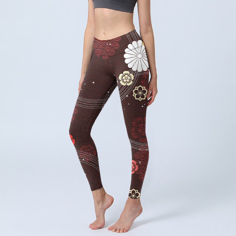 Leggings de sport à imprimé floral en éventail et vagues marron rougeâtre Buddha Stones pour femmes, pantalons de yoga - SaddleBrown - US18，UK/AU22，EU50 (4XL) - image 1