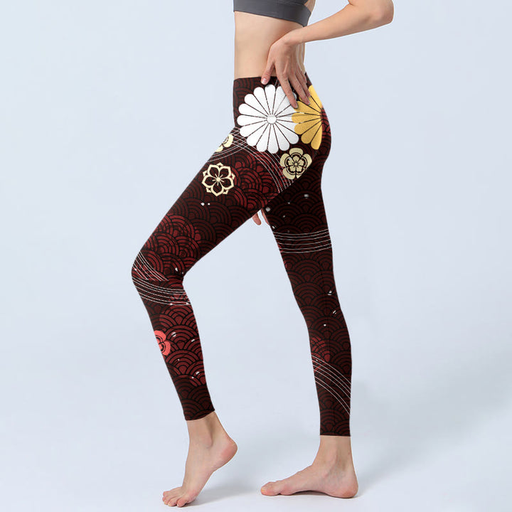 Leggings de sport à imprimé floral en éventail et vagues marron rougeâtre Buddha Stones pour femmes, pantalons de yoga - image 3
