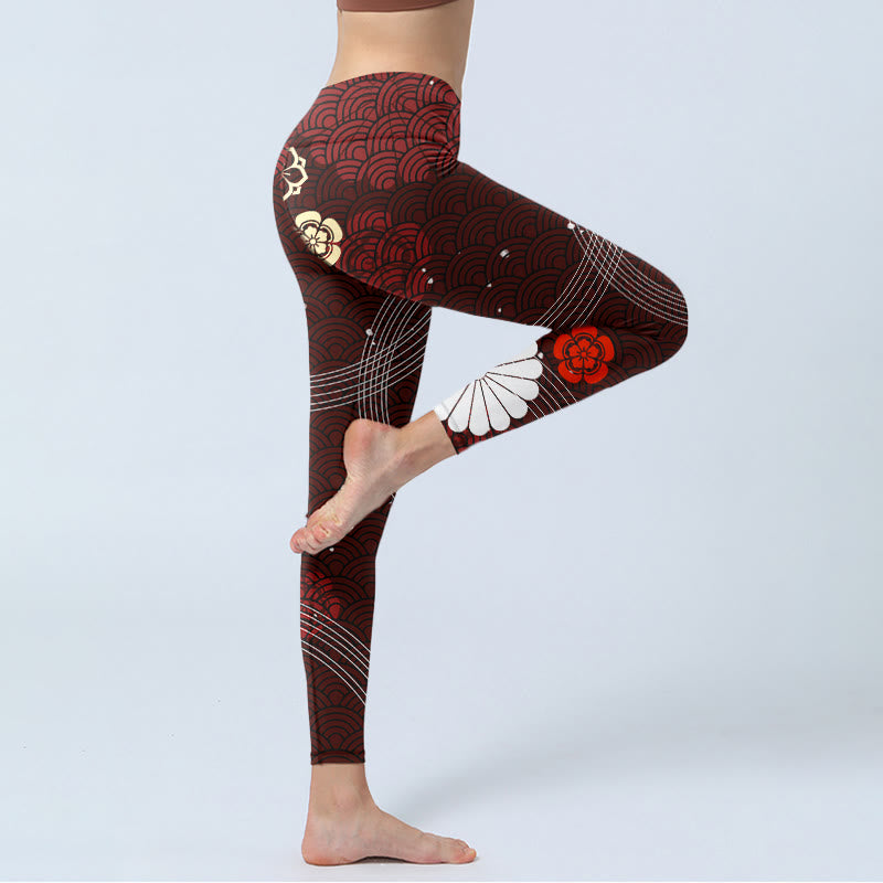 Leggings de sport à imprimé floral en éventail et vagues marron rougeâtre Buddha Stones pour femmes, pantalons de yoga - image 3