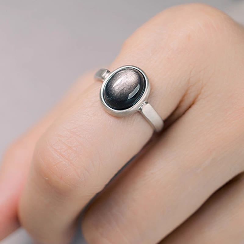 Bague de protection réglable en argent sterling 925 et obsidienne brillante naturelle avec Buddha Stones