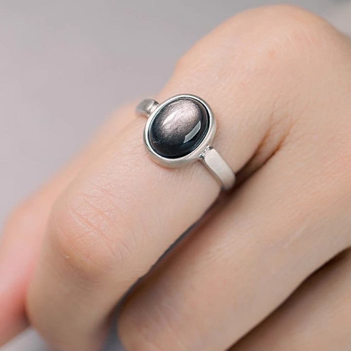Bague de protection réglable en argent sterling 925 et obsidienne brillante naturelle avec Buddha Stones
