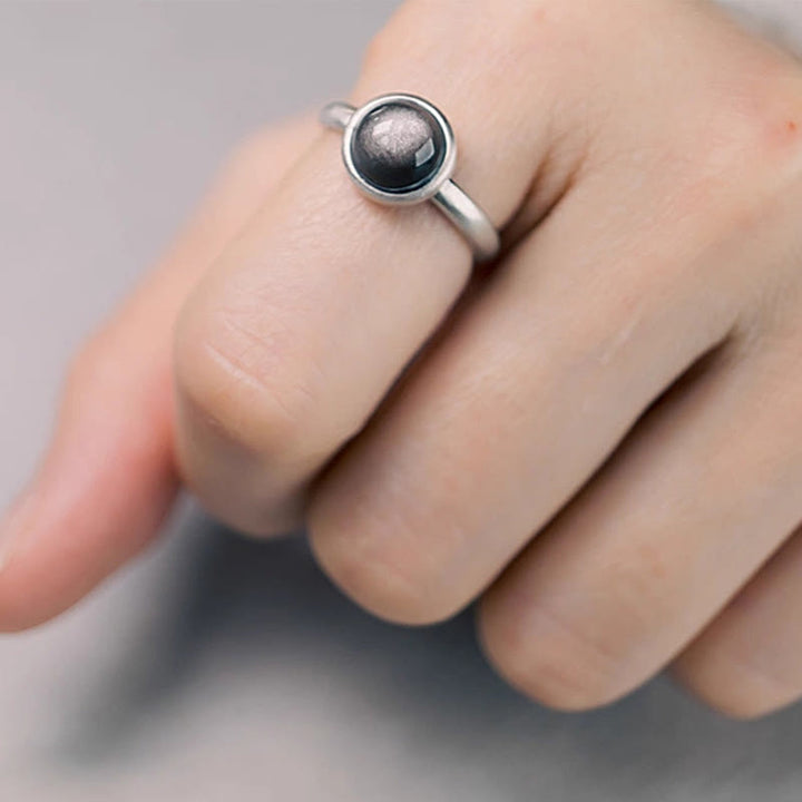Bague de protection réglable en argent sterling 925 et obsidienne brillante naturelle avec Buddha Stones