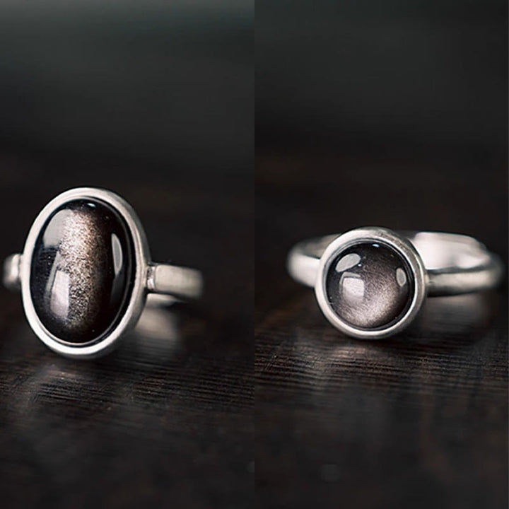 Bague de protection réglable en argent sterling 925 et obsidienne brillante naturelle avec Buddha Stones